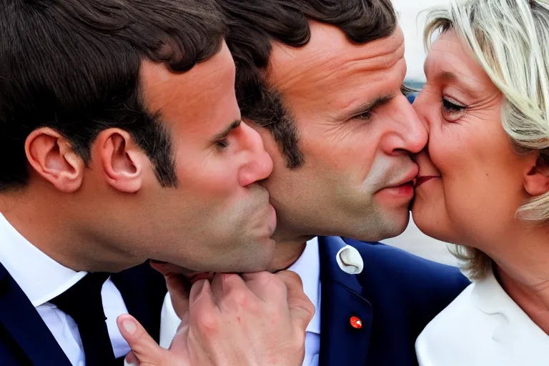 Prompt: Emmanuel Macron kissing Marine Lepen on the mouth , cartoon, white background