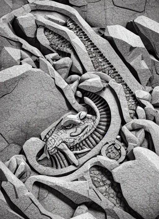 Image similar to 3d render of a rock relief showing the layers of time, dinosaurs, UFOs, Crocodile Loki, Atlantis, cinema4d, 8k, detailed