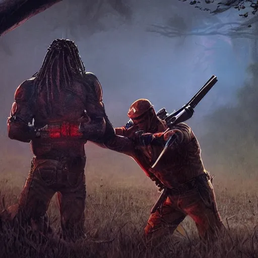 Image similar to the predator hunting a cowboy in the Louisiana bayou at night, video game concept art