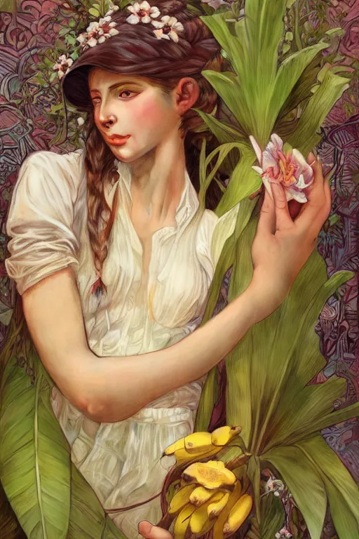 Image similar to ultra realistic illustration, bohemian girl with banana plants and flowers, staring directly into camera, intricate, elegant, highly detailed, digital painting, artstation, concept art, smooth, sharp focus, illustration, art by artgerm and greg rutkowski and alphonse mucha