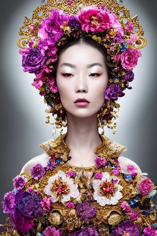 Image similar to a beautiful empress portrait, with a brilliant, impossible striking big flower headpiece, clothes entirely made out of flowers, symmetrical, dramatic studio lighting, beauty dish, rococo, baroque, jewels, asian, hyperrealism, closeup, D&D, fantasy, intricate, elegant, highly detailed, digital painting, artstation, octane render, 8k, concept art, matte, sharp focus, illustration, art by Artgerm and Greg Rutkowski and Alphonse Mucha