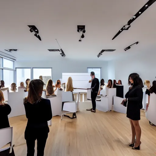 Prompt: architecture presentation in an modern white office, crowd of beautiful female designers in designer clothing critiquing eldritch balsa wood model with spotlight, highly detailed, white modern furniture, elegant, professionally lit