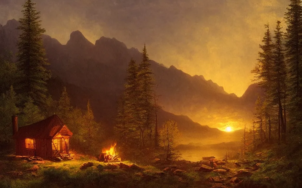 Image similar to small wood cabin with a small campfire on the edge of a forest overlooking a beautiful valley at dusk, sunset in the distance, mountainous backdrop, cinematic lighting, intricate ink illustration, by albert bierstadt