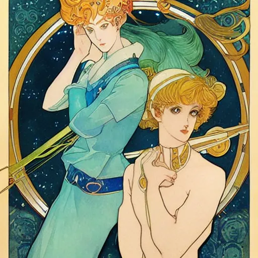 Image similar to the sailor neptune and the sailor uranus. beautiful, realistic painting by mucha and kuvshinov and bilibin. watercolor, thick lining, manga