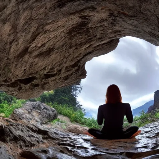 Image similar to Woman sitting under a ginormous rock overhead, partially cupping her hands, gesturing it outward!!!!! to the camera!!!!!, in a rainy environment, fisheye!!!!! lens!!!!!, rainy and wet atmosphere, closeup, dark and grim lighting, trending on artstation, 4k, 8k