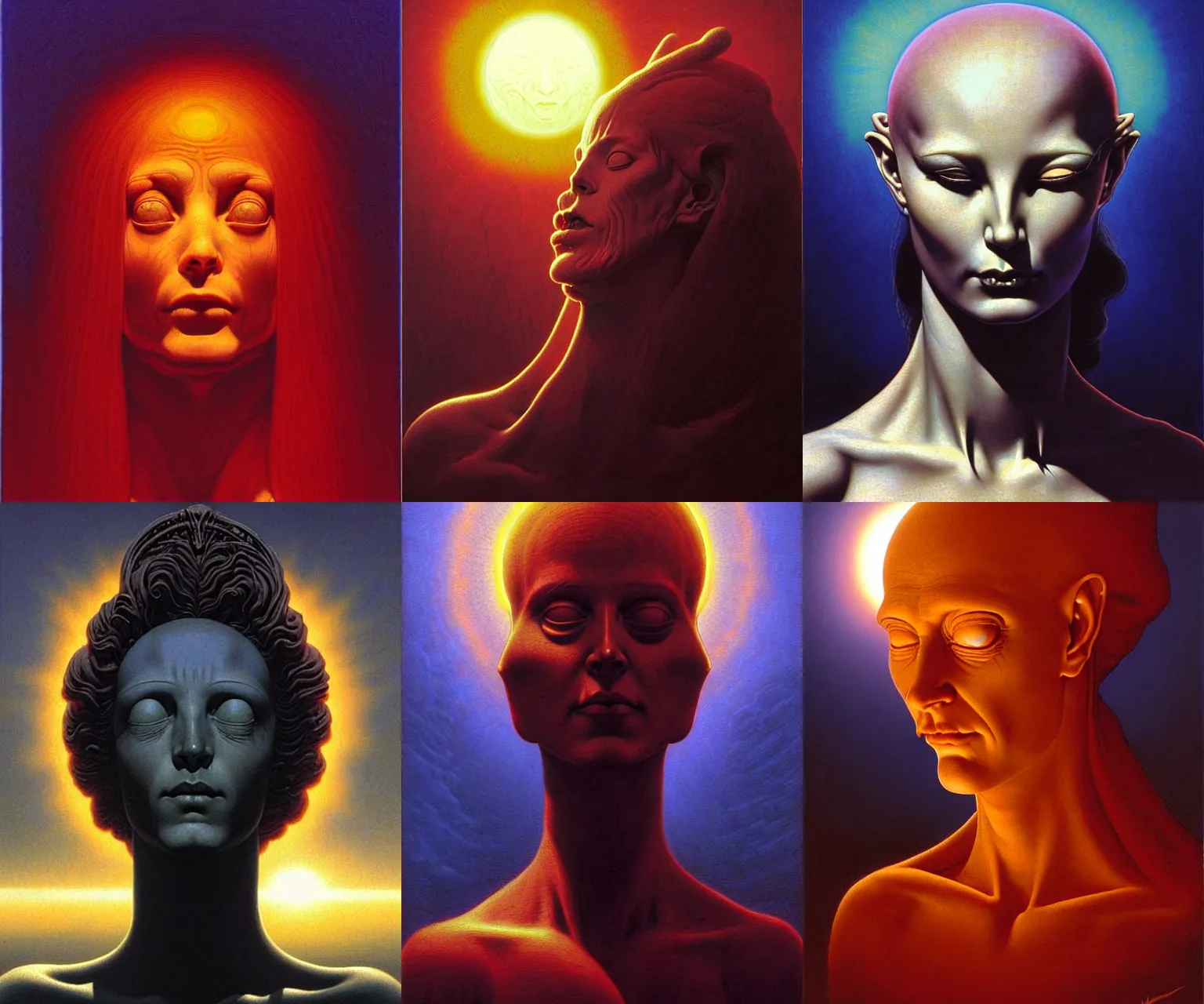 Prompt: cinematic masterpiece bust portrait of a gothic demon goddess of morning, head and bust only, huge sun in the background, backlit, by Wayne Barlowe, by Leonardo DaVinci, by Tim Hildebrandt, by Bruce Pennington, by Zdzisław Beksiński, by Paul Lehr, oil on canvas, masterpiece, trending on artstation, featured on pixiv, cinematic composition, astrophotography, dramatic pose, beautiful lighting, sharp, details, details, details, hyper-detailed, no frames, HD, HDR, 4K, 8K