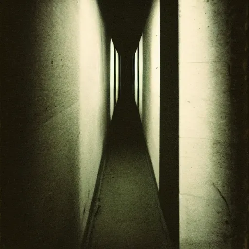 Prompt: a narrow concrete hallway that reaches into the sky, minimalist architecture, surreal, foggy, night, dark, old polaroid, expired film, megalophobia,