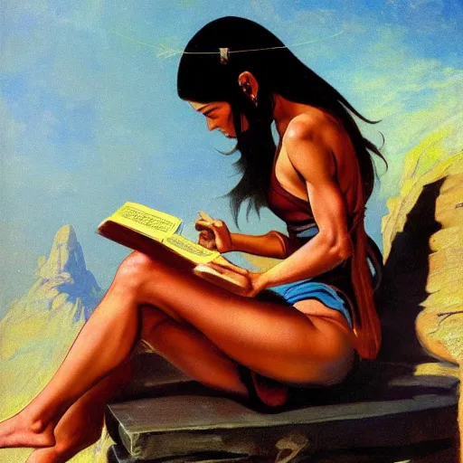 Prompt: a girl reading book, hair flowing down, in the style of Frank Frazetta, Jeff Easley, Caravaggio, extremely clear and coherent, clear lines, 8K revolution