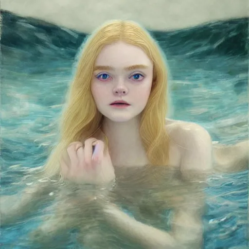 Prompt: Painting of Elle Fanning underwater, long blonde hair, delicate, pale milky white porcelain skin, by Johannes Vormeer. 8K. Extremely detailed.
