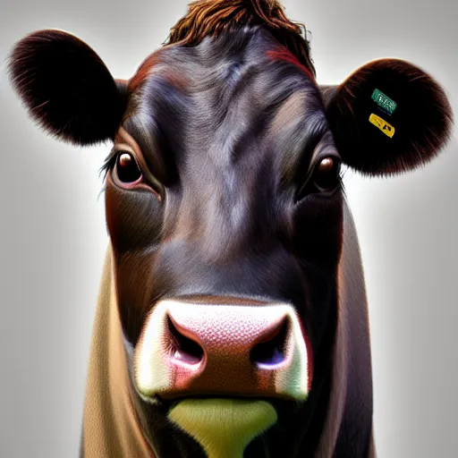 Prompt: portrait of a cow with the face of a man, hyper detailed, digital art, trending in artstation, cinematic lighting, studio quality, smooth render, unreal engine 5 rendered, octane rendered, art style by klimt and nixeu and ian sprigger and wlop and krenz cushart