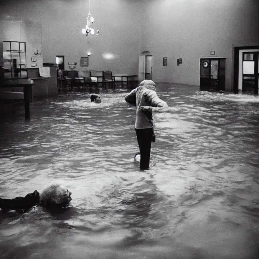 Prompt: 7 0 s movie still of an old man drowning in a soviet ballroom flooded in blood, cinestill 8 0 0 t 3 5 mm, heavy grain, high quality, high detail