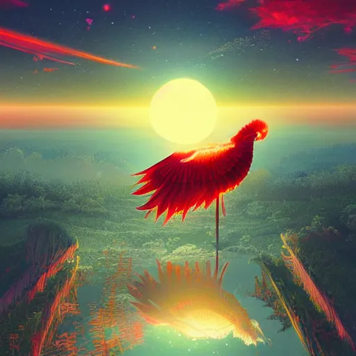 Image similar to the solarpunk phoenix, red bird, ornate egg, regeneration, landscape, epic composition, volumetric light, bokeh, painting by ilya kuvshinov and by makoto shinkai