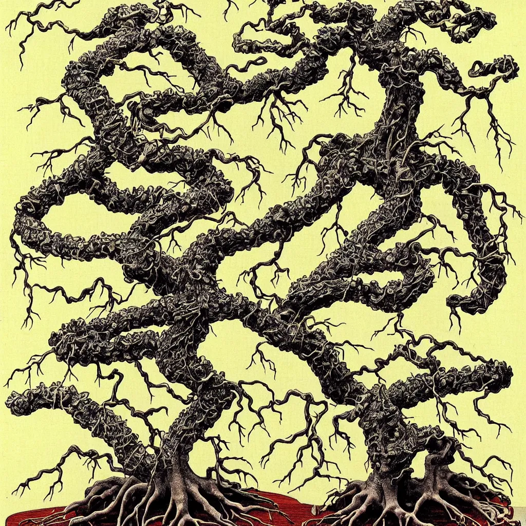 Image similar to prompt: anatomy dissection drawing skeleton Bonsai tree drawn by Takato Yamamoto, bonsai skeleton anatomy atlas, veins and organs attached to tree roots, alchemical objects inspired by 1980's sci-ci, old experimentation cabinet, intricate oil painting detail, manga 1980