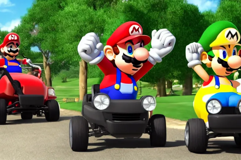 Image similar to mario brothers and sonic the hedgehog driving golf carts, movie still, from the new fast and furious movie, 8 k, hd