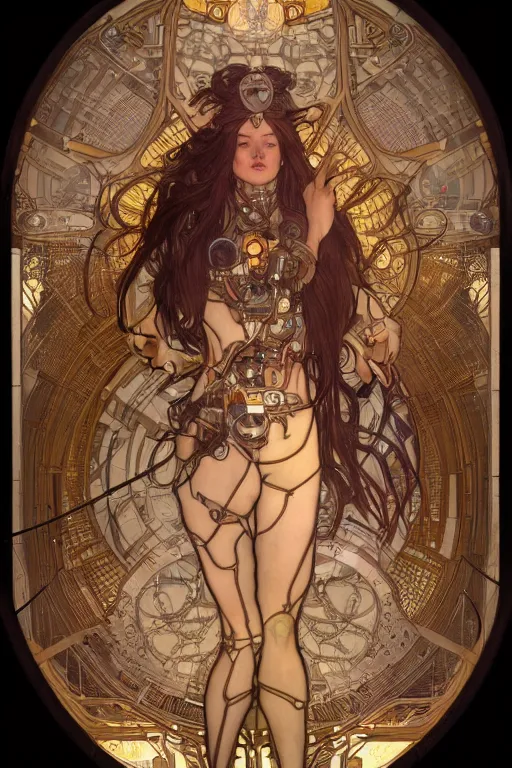 Prompt: realistic detailed portrait of a humanoid mecha cyberpunk! goddess by Alphonse Mucha and Charlie Bowater, rule of thirds, golden ratio, Art Nouveau cyberpunk! style, mechanical accents!, mecha plate armor, glowing LEDs, flowing wires with leaves, rich deep moody colors