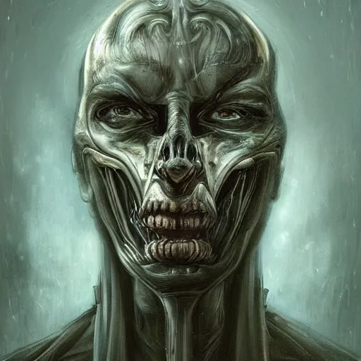 Image similar to surreal portrait of a man by Greg Rutkowski and H.R Giger, symmetrical face, biomechanical transhuman god, disturbing, terrifying but fascinating, with a determined and sinister expression on his face, cosmic void background, frightening, fascinating, highly detailed portrait, digital painting, book cover, artstation, concept art, smooth, sharp foccus ilustration, Artstation HQ