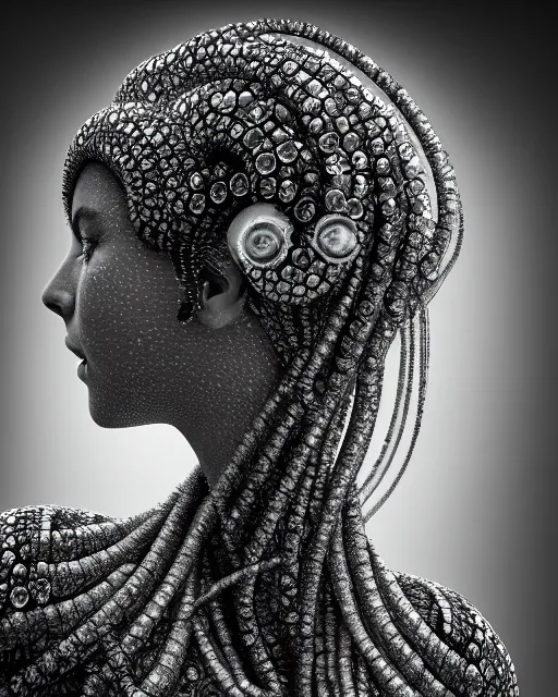 Image similar to surreal mythical dreamy artistic black and white fine art photo of a beautiful young female queen - medusa - cyborg covered with metal fish scales and translucent algae, highly detailed, intricate crystal ivy jelly fish scales ornate, poetic, octane render, 8 k, photo - realistic