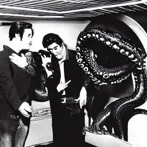 Image similar to photograph of elvis meeting octopus aliens from another world, in alien spaceship