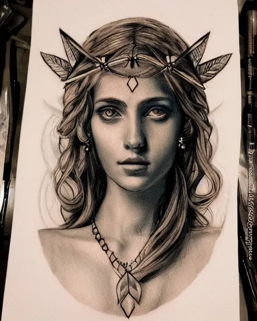 Image similar to realism tattoo sketch of a beautiful greek goddess aphrodite with piercing eyes wearing a laurel wreath and triangle earrings, in the style of greg rutkowski, amazing detail