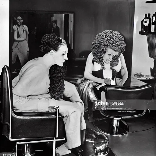 Prompt: Medusa the Gorgon chatting with her hairdresser at the salon in the 50s