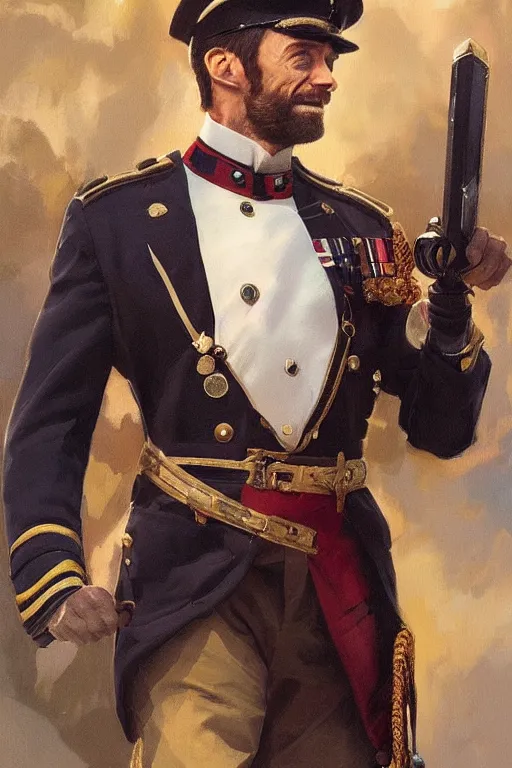 Image similar to Hugh Jackman in a Royal Navy uniform with medals on his jacket, holding a ceremonial sword, highly detailed, digital painting, Trending on artstation , HD quality, by artgerm and greg rutkowski and alphonse mucha, dramatic light, octane