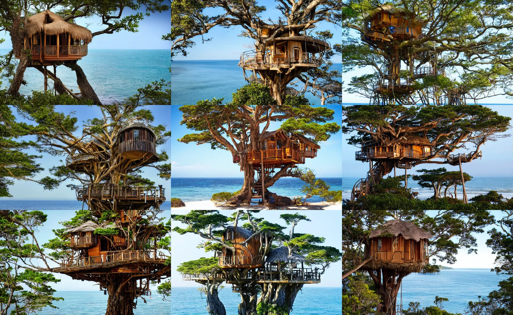 Prompt: icon of a mystical island treehouse on the ocean