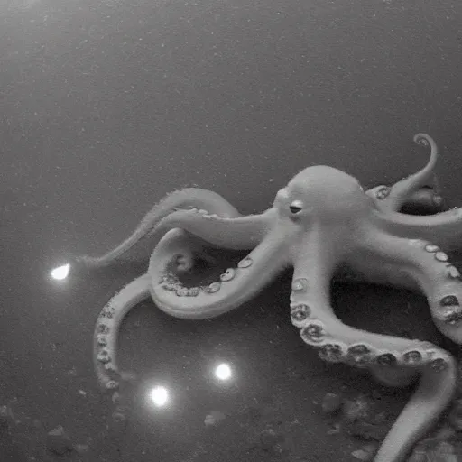 Prompt: a scary octopus caught on trailcam nightvision footage camera, grainy low quality