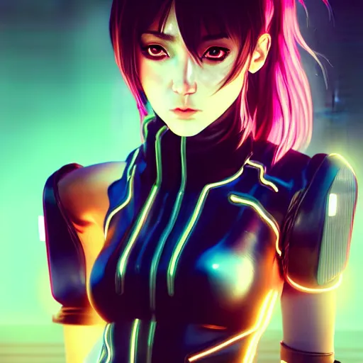 Image similar to An epic comic hyperrealistic portrait anime illustration of a cyber warrrior girl wearing futuristic wardrobe, black and reddis, ultradetailed face expression trending on artstation and artbreeder, cyberpunk 2077 color, heavy rainning at tokyo night, neon light rooftop, unreal 5, DAZ, 8k, unreal 5 engine render, cosplay, RPG portrait, final fantasy Vll world concept, dramatic lighting, rim lights, PS5 render quality