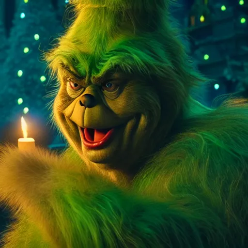 Image similar to john goodman as the grinch in the movie the grinch, still from movie, cinematic, 4 k, octane render,