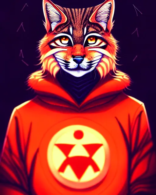Image similar to artgerm, jeehyung lee comic cover art, bobcat! with orange fur, symmetrical eyes, symmetrical face, white shirt with red exclamation point logo!!!, dark castle background, cinematic lighting