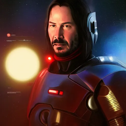 Prompt: keanu reeves as star wars and mass effect mash up, greg rutkowski, alphonse mucha, mystical cosmic lighting, octane render, artstation, rey tracing, golden ratio, rule of thirds, perfect composition