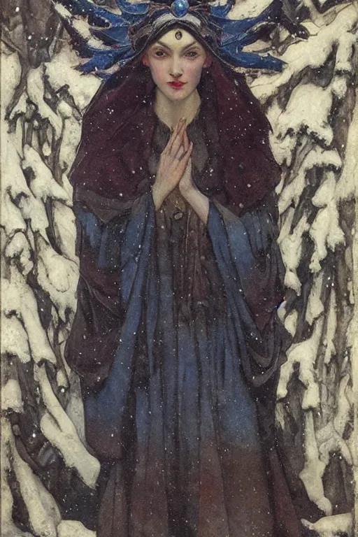 Image similar to goth queen of winter in the snow by Annie Swynnerton and Nicholas Roerich, strong dramatic cinematic lighting , ornate headdress , flowing robes, lost civilizations, smooth, sharp focus, extremely detailed