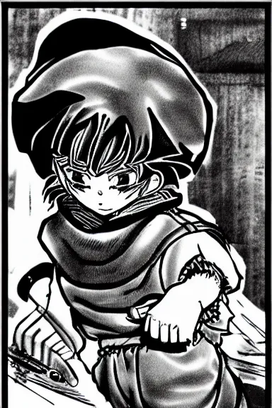 Image similar to attractive salvage little boy in lion suit, black and white artwork made by kentaro miura and yoshihiro togashi