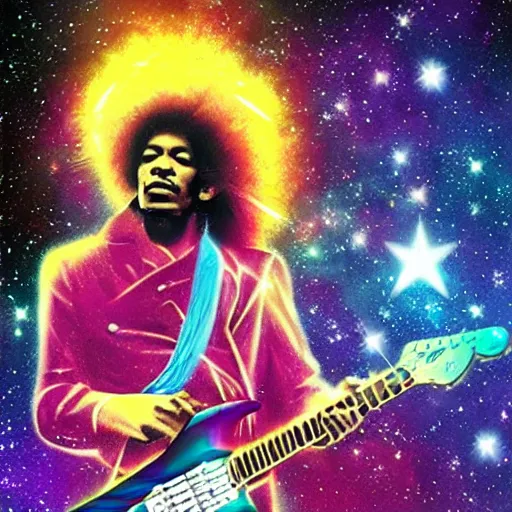 Image similar to jimi hendrix playing guitar, galaxy, stars, nebula, synthwave