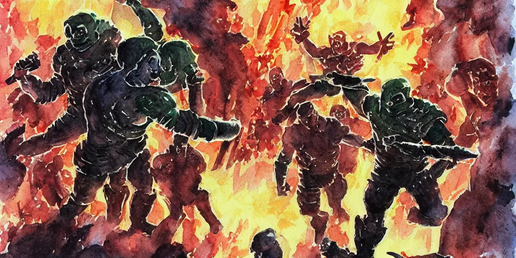 Prompt: doomguy fight in hell watercolor art dark shadows pergament paper