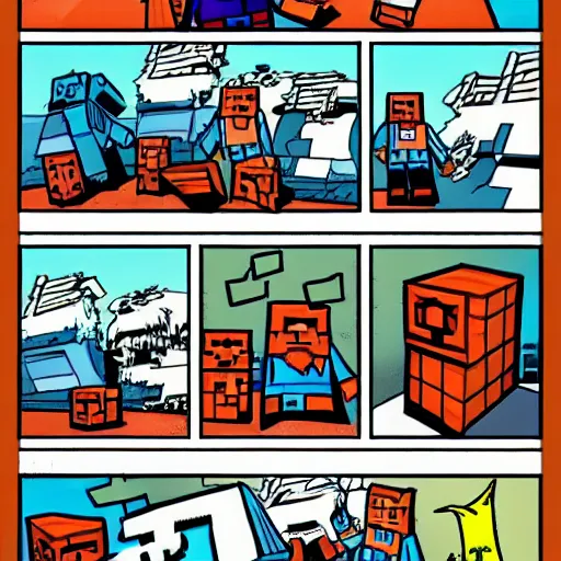 Image similar to Minecraft comic page, inked, superhero comic