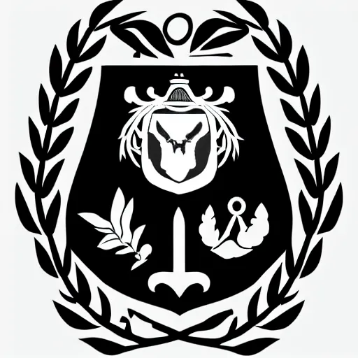 Image similar to coat of arms, simple, vector based, shield, laurel wreath, shotgun, black and white, banner