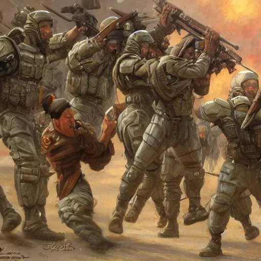 Prompt: combine soldiers hitting a civilian with a stunstick, highly detailed, centered, digital painting, artstation, concept art, donato giancola, Joseph Christian Leyendecker, WLOP, Boris Vallejo, Breathtaking