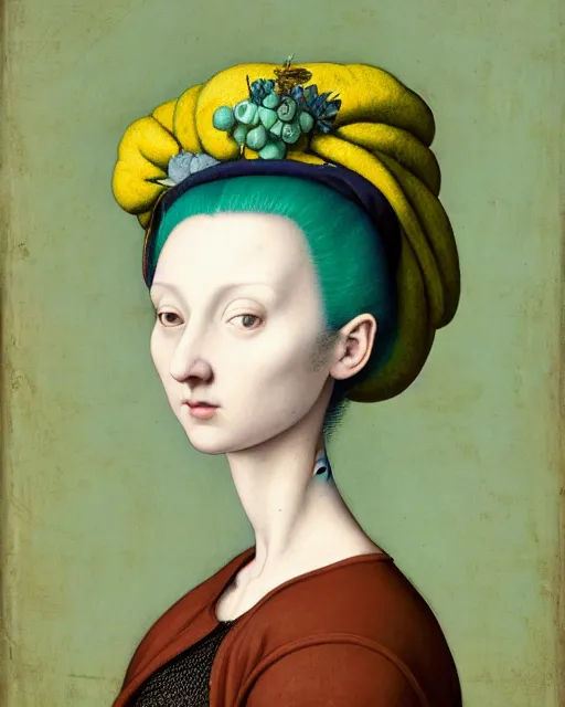 Prompt: portrait of a pale curvy woman with green blue hair buns, wearing a yellow hoodie, standing in a botanical garden, intricate details, high detail, in a high renaissance style, in the style of jacopo da pontormo, by mark ryden, punk, asian art,