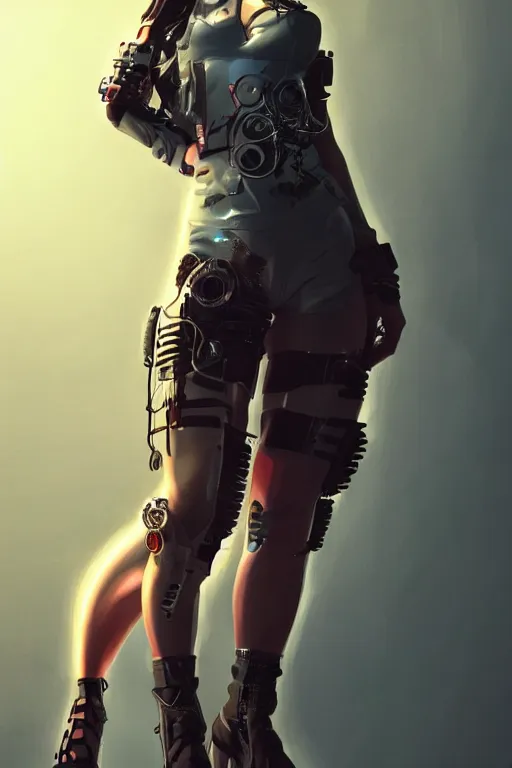 Prompt: entire body, cyberpunk, cyberpunk, female character, beautiful head, nice legs, concept art, artstation, intricate details, dramatic lighting