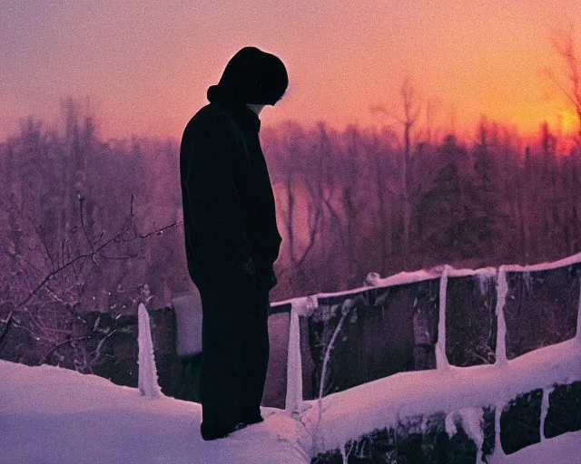 Image similar to lomographic tarkovsky film still of 4 0 years russian man with beard and sweater standing on small hrushevka 9 th floor balcony full with cigarette smoke in winter taiga looking at sunset, cinestill, bokeh