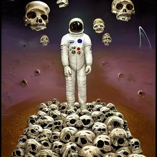 Image similar to An astronaut alone inside a dark ballroom filled with piles of human skulls by Jim Burns