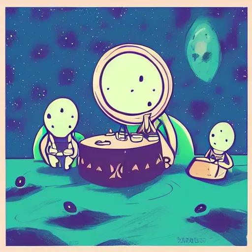 Prompt: “Aliens on a picnic on the moon, digital painting”