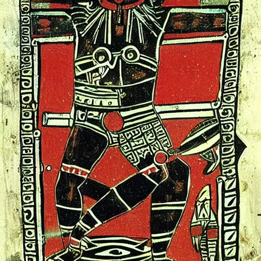 Prompt: the aztec god tezcatlipoca from the codex borgia, casting a spell into a mirror of obsidian