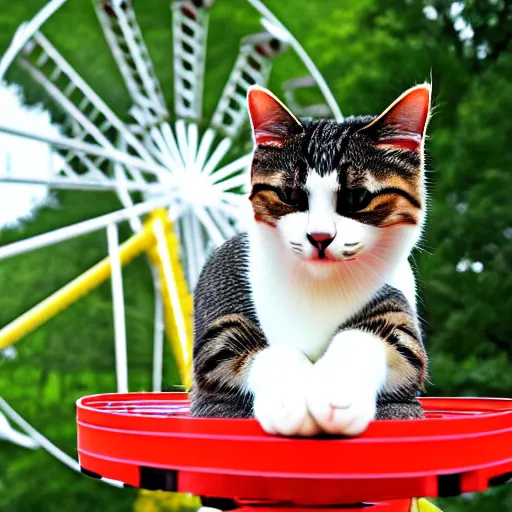 Image similar to !!! cat!!!, ferris wheel, feline, sitting, riding, funny, award winning photo, realistic,