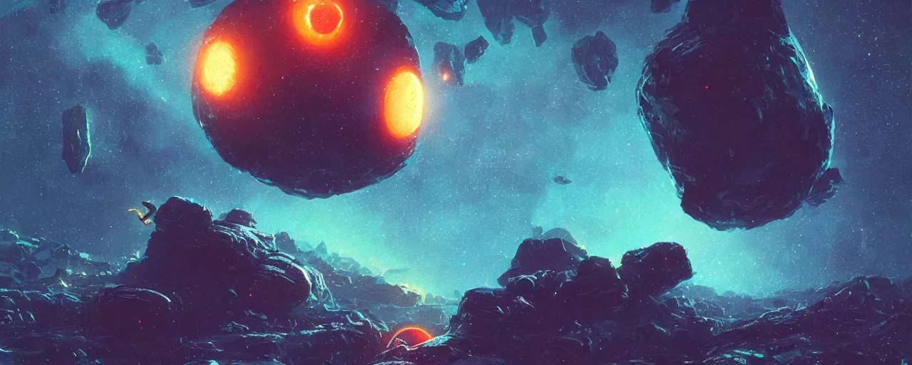 Image similar to ” space rock floating in pitchblack space, [ cinematic, detailed, epic, widescreen, opening, establishing, mattepainting, photorealistic, realistic textures, octane render, art by paul lehr ] ”