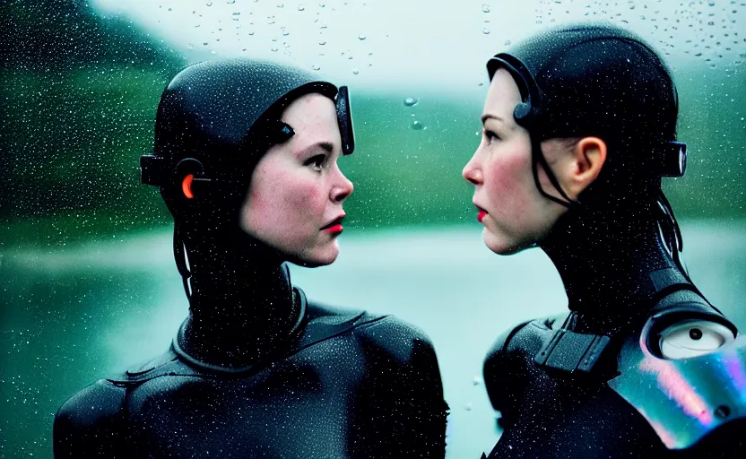 Image similar to cinestill 5 0 d candid action photographic portrait by quentin tarantino of two loving female androids wearing rugged black mesh techwear in treacherous waters, extreme closeup, modern cyberpunk retrofuturism moody emotional cinematic, pouring iridescent rain, 8 k, hd, high resolution, 3 5 mm, f / 3 2, motion blur, ultra realistic faces, ex machina