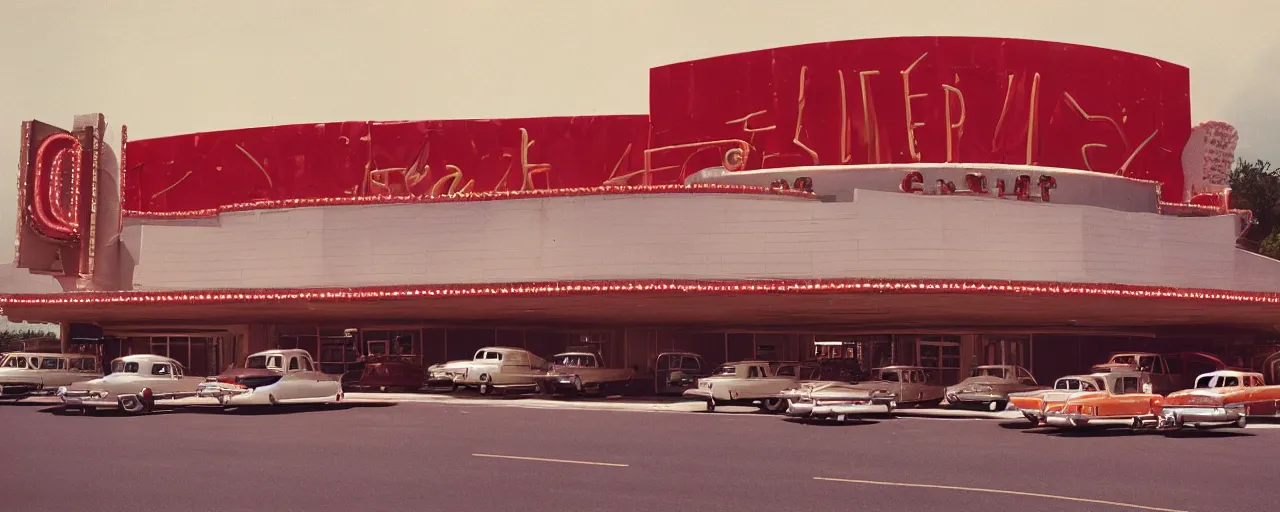 Image similar to ! spaghetti! 1 9 5 0 s drive in movie theater, in the style of michael kenna, kodachrome,