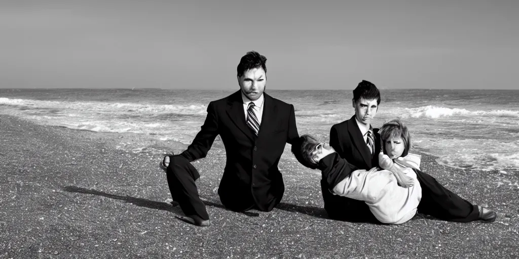 Image similar to strong man in a shirt and a tie sitting on windy cold beach, holds his mother on his arms