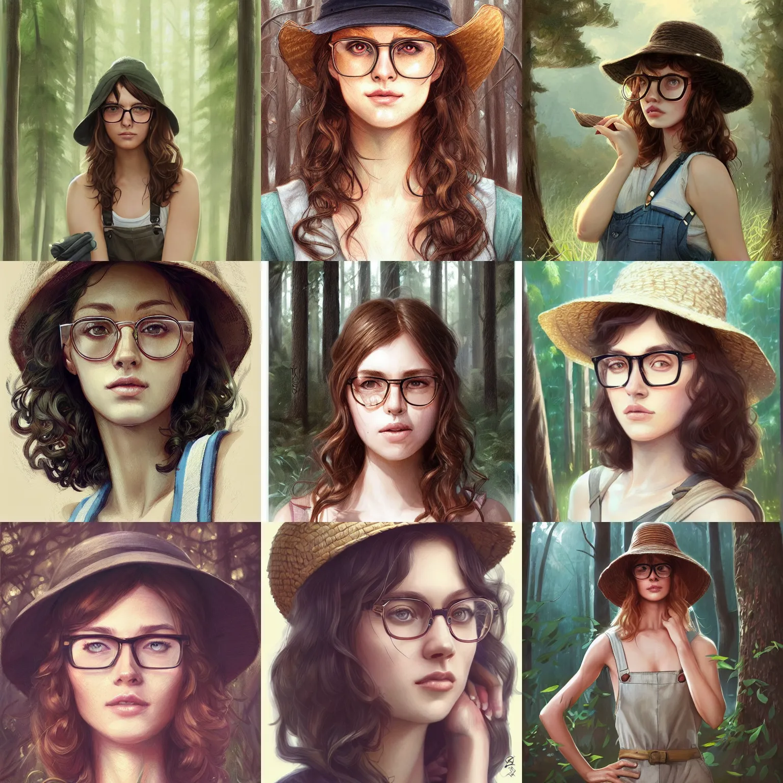 Prompt: woman, hannah dodd, art by artgerm and greg rutkowski and magali villeneuve, portrait, highly detailed, forest background, digital painting, artstation, concept art, sharp focus, illustration, overalls, straw hat, glasses, long curly brown hair